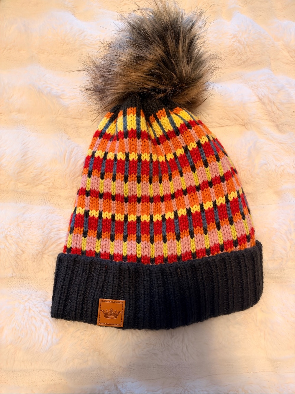 Fleur de Lis Collection Red, Yellow & Pink Striped Knit Pom Hat with Black Cuff